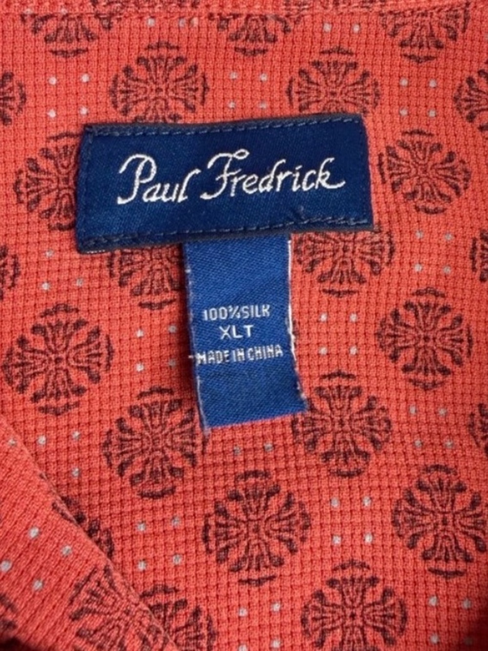 Y2K 100% silk loop collar camp shirt Paul Fredrick XLT geometric medallion